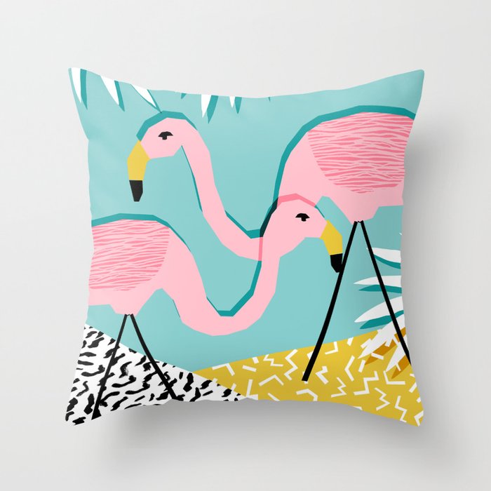 Bro - wacka design memphis throwback minimal retro hipster 1980s 80s neon pop art flamingo lawn Throw Pillow Gallery Image 1