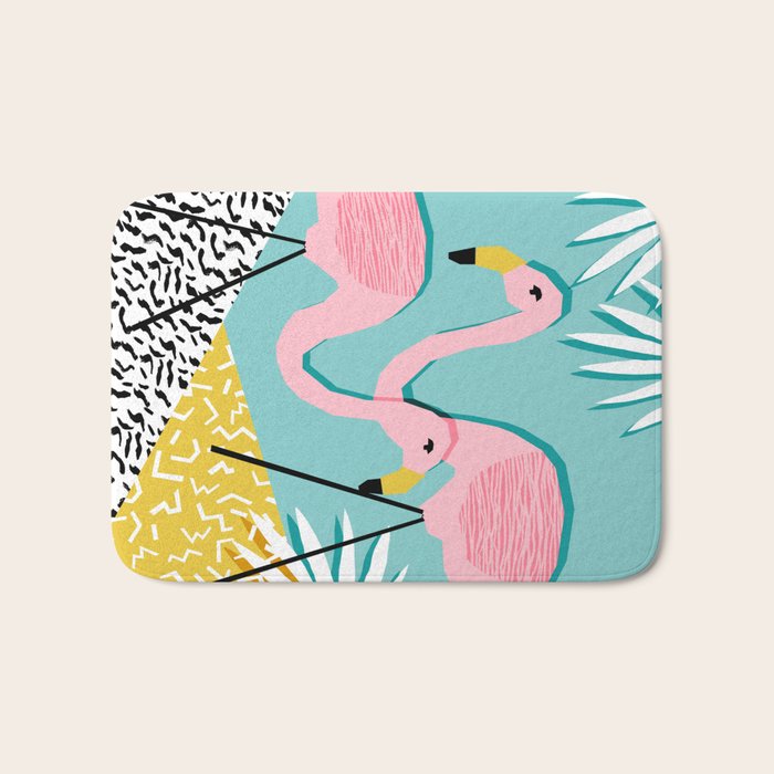 Bro - wacka design memphis throwback minimal retro hipster 1980s 80s neon pop art flamingo lawn Bath Mat Gallery Image 1