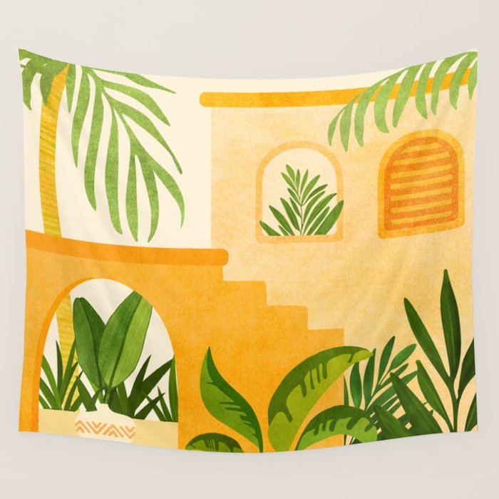 Garden Hacienda / Whimsical Landscape Illustration Wall Tapestry Gallery Image 1