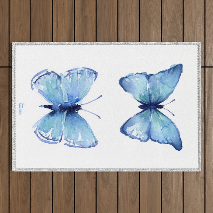Blue Butterfly Watercolor Outdoor Rug Gallery Image 1