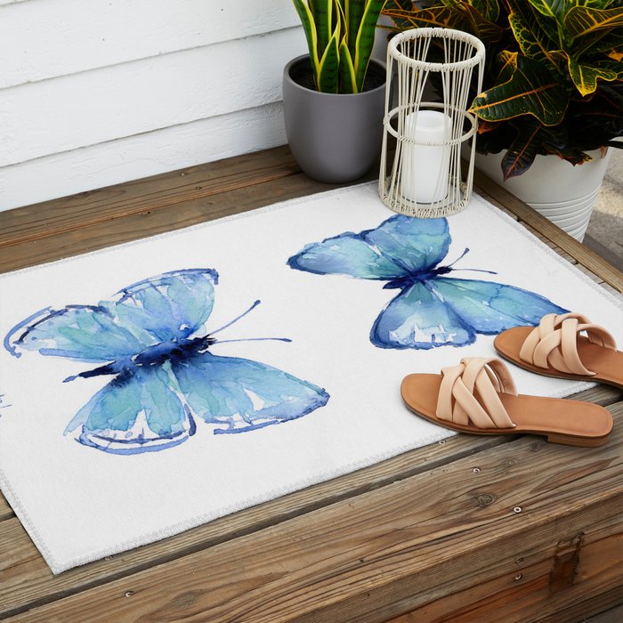 Blue Butterfly Watercolor Outdoor Rug Gallery Image 2