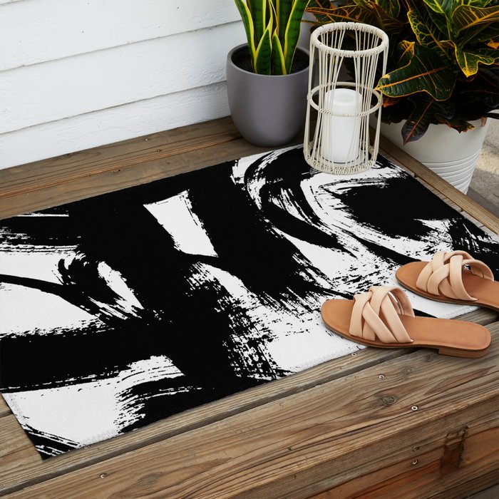Black and White Brush Stroke Abstract Outdoor Rug Gallery Image 2
