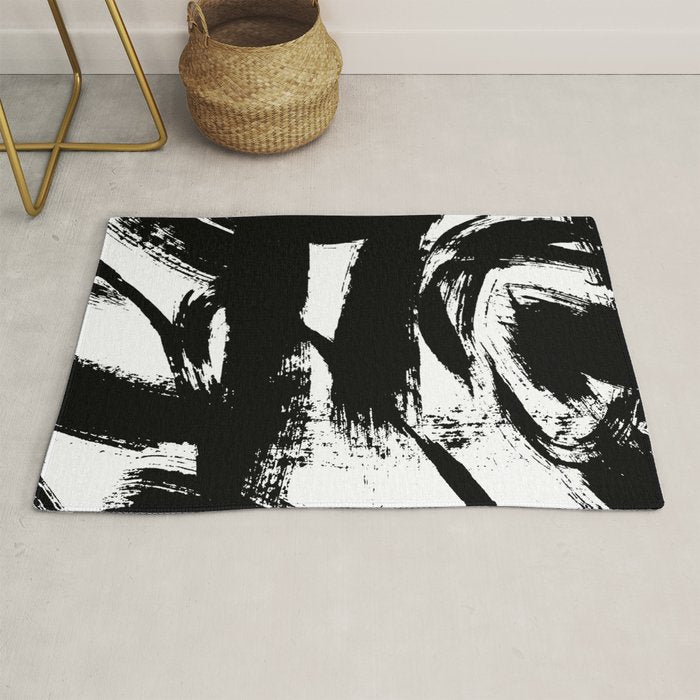 Black and White Brush Stroke Abstract Rug Gallery Image 1