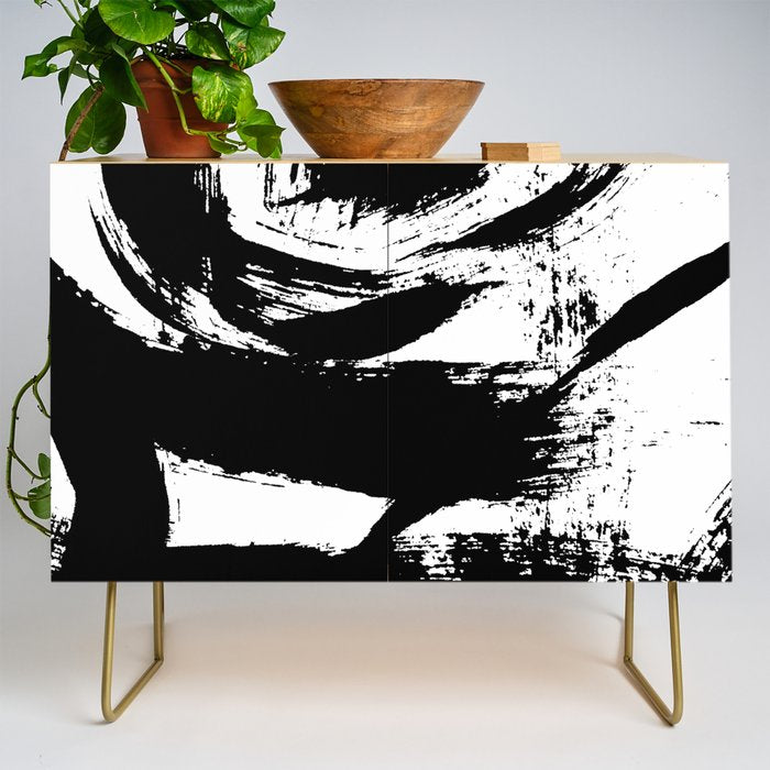 Black and White Brush Stroke Abstract Credenza Gallery Image 1