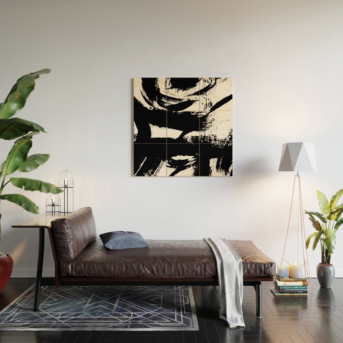 Black and White Brush Stroke Abstract Wood Wall Art Gallery Image 2