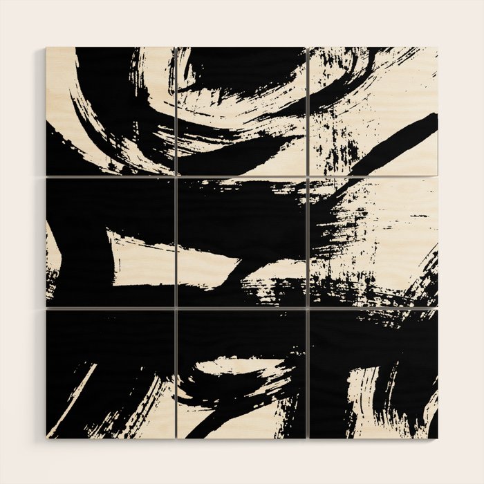Black and White Brush Stroke Abstract Wood Wall Art Gallery Image 1