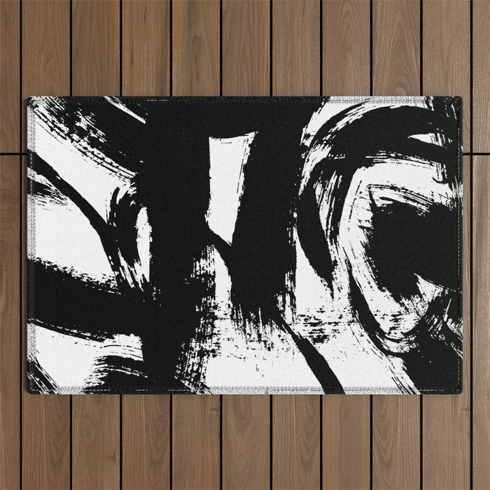 Black and White Brush Stroke Abstract Outdoor Rug Gallery Image 1