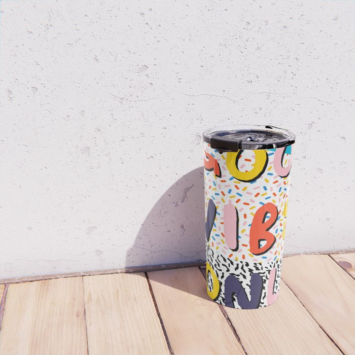 Check it - good vibes happy smiles fun modern memphis throwback art 1980's 80's 80s 1980s 1980 neon  Travel Mug Gallery Image 4