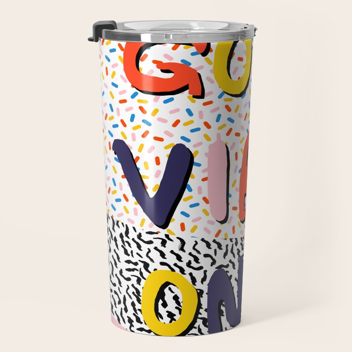 Check it - good vibes happy smiles fun modern memphis throwback art 1980's 80's 80s 1980s 1980 neon  Travel Mug Gallery Image 3
