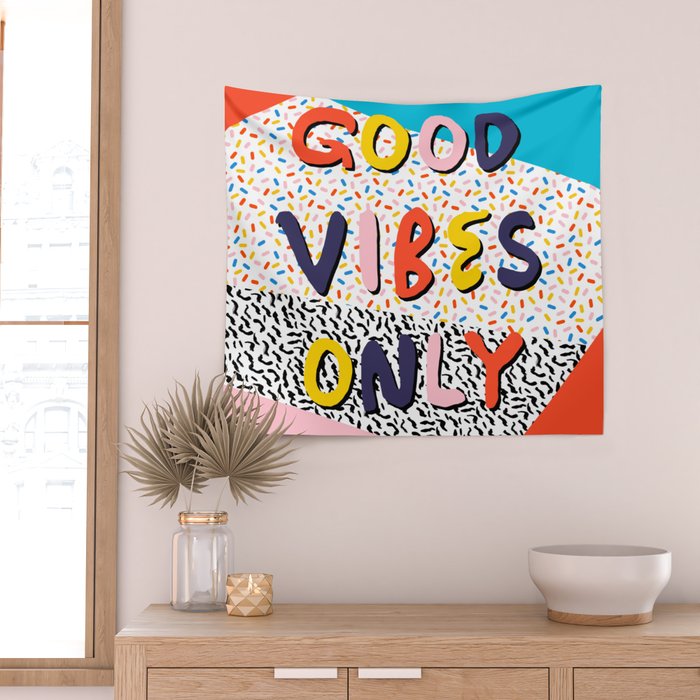 Check it - good vibes happy smiles fun modern memphis throwback art 1980's 80's 80s 1980s 1980 neon  Wall Tapestry Gallery Image 2
