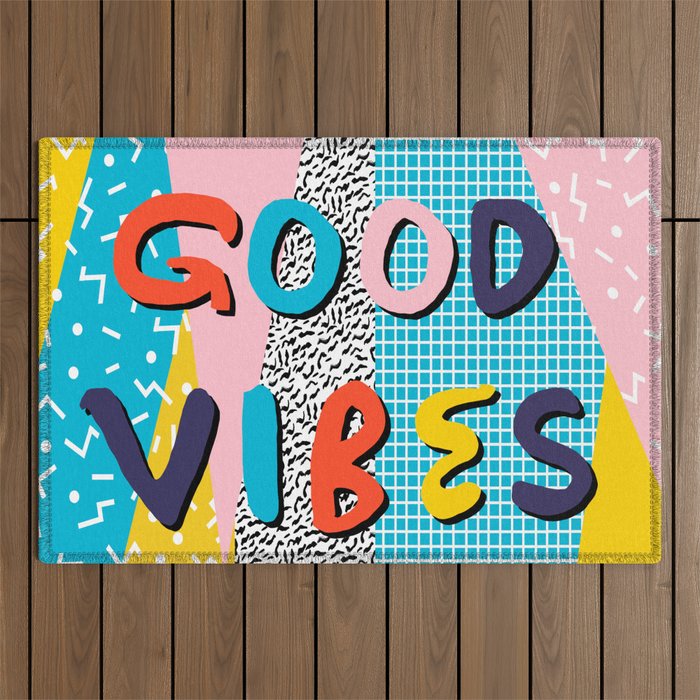 Check it - good vibes happy smiles fun modern memphis throwback art 1980's 80's 80s 1980s 1980 neon  Outdoor Rug Gallery Image 1