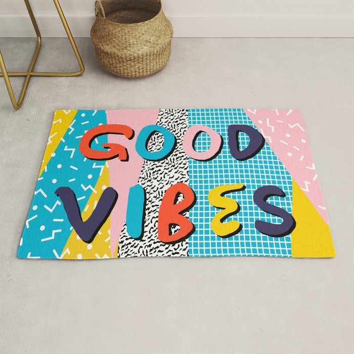 Check it - good vibes happy smiles fun modern memphis throwback art 1980's 80's 80s 1980s 1980 neon  Rug Gallery Image 1