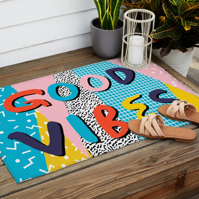 Check it - good vibes happy smiles fun modern memphis throwback art 1980's 80's 80s 1980s 1980 neon  Outdoor Rug Gallery Image 2