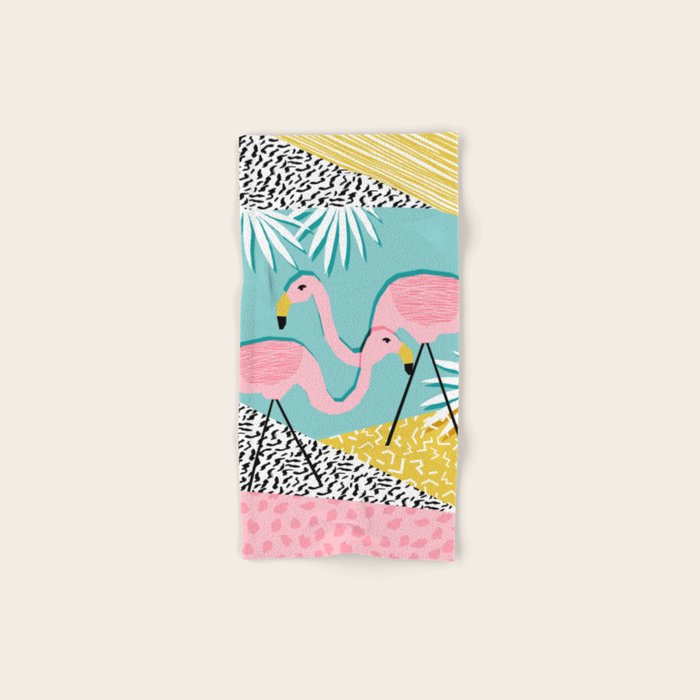 Bro - wacka design memphis throwback minimal retro hipster 1980s 80s neon pop art flamingo lawn Bath Towel Gallery Image 1