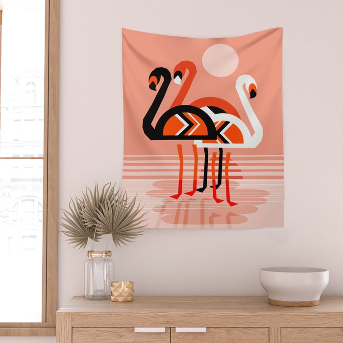 Posse - flamingo throwback nostalgia retro neon art print hipster trendy style minimal abstract geo Wall Tapestry Gallery Image 2