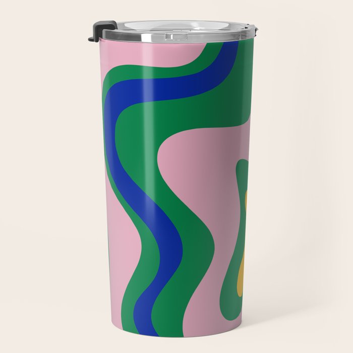 Vibrant Vivid Retro Liquid Swirl Abstract Pattern Green Pink Yellow Blue Travel Mug Gallery Image 3
