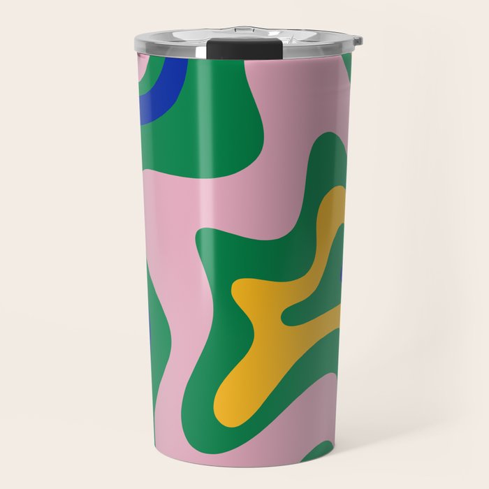 Vibrant Vivid Retro Liquid Swirl Abstract Pattern Green Pink Yellow Blue Travel Mug Gallery Image 1