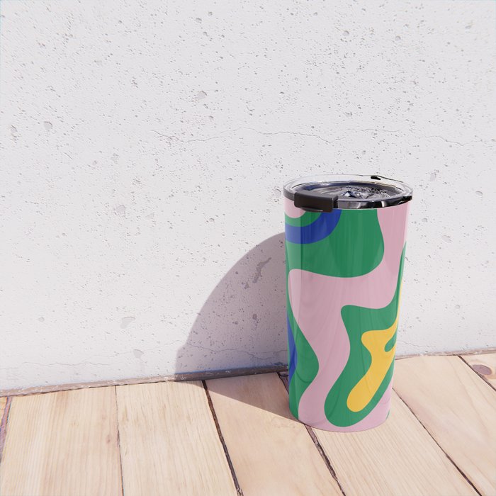 Vibrant Vivid Retro Liquid Swirl Abstract Pattern Green Pink Yellow Blue Travel Mug Gallery Image 4