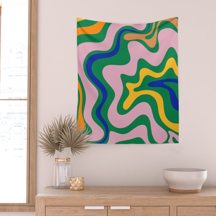 Vibrant Vivid Retro Liquid Swirl Abstract Pattern Green Pink Yellow Blue Wall Tapestry Gallery Image 2