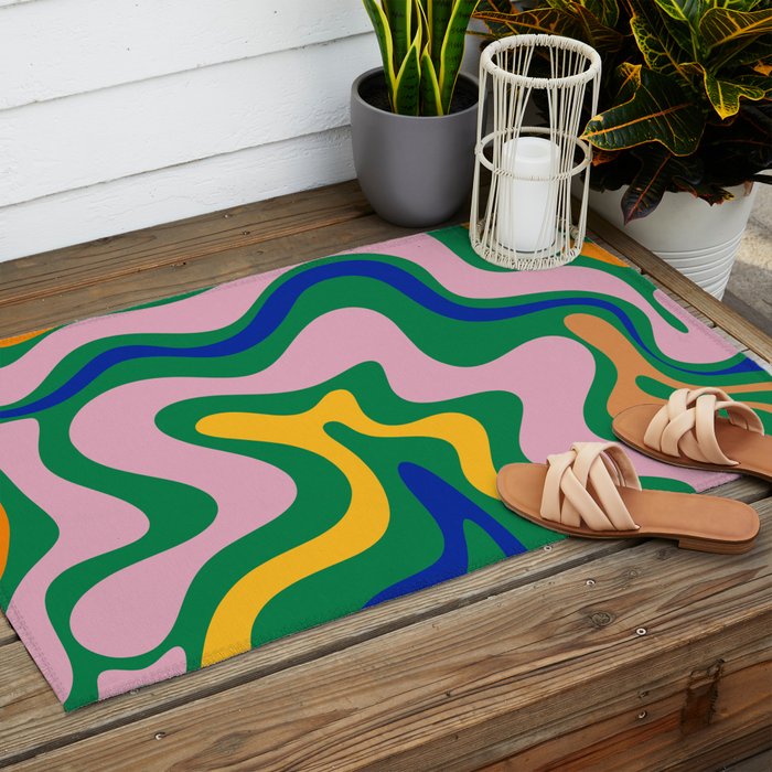 Vibrant Vivid Retro Liquid Swirl Abstract Pattern Green Pink Yellow Blue Outdoor Rug Gallery Image 2