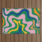 Vibrant Vivid Retro Liquid Swirl Abstract Pattern Green Pink Yellow Blue Outdoor Rug Gallery Image 1