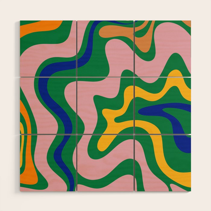 Vibrant Vivid Retro Liquid Swirl Abstract Pattern Green Pink Yellow Blue Wood Wall Art Gallery Image 1