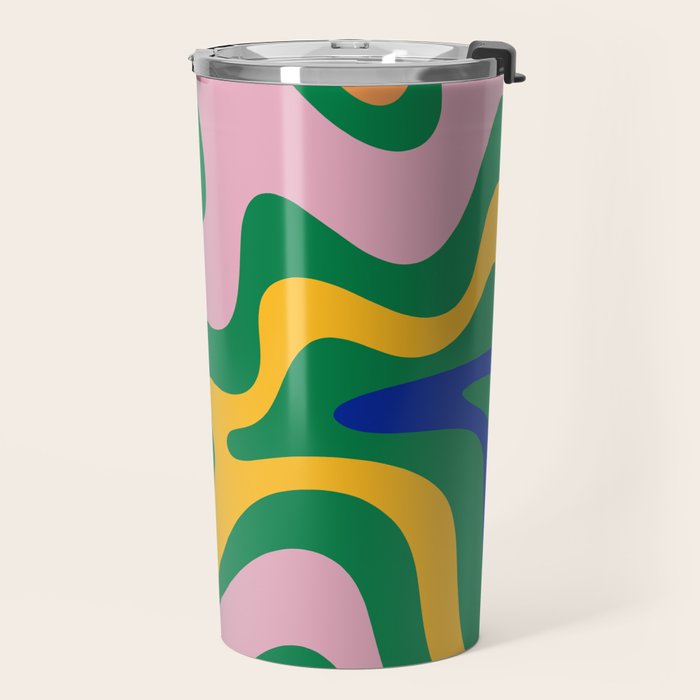 Vibrant Vivid Retro Liquid Swirl Abstract Pattern Green Pink Yellow Blue Travel Mug Gallery Image 2