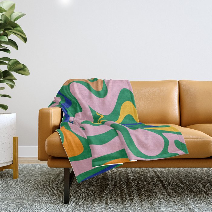 Vibrant Vivid Retro Liquid Swirl Abstract Pattern Green Pink Yellow Blue Throw Blanket Gallery Image 1