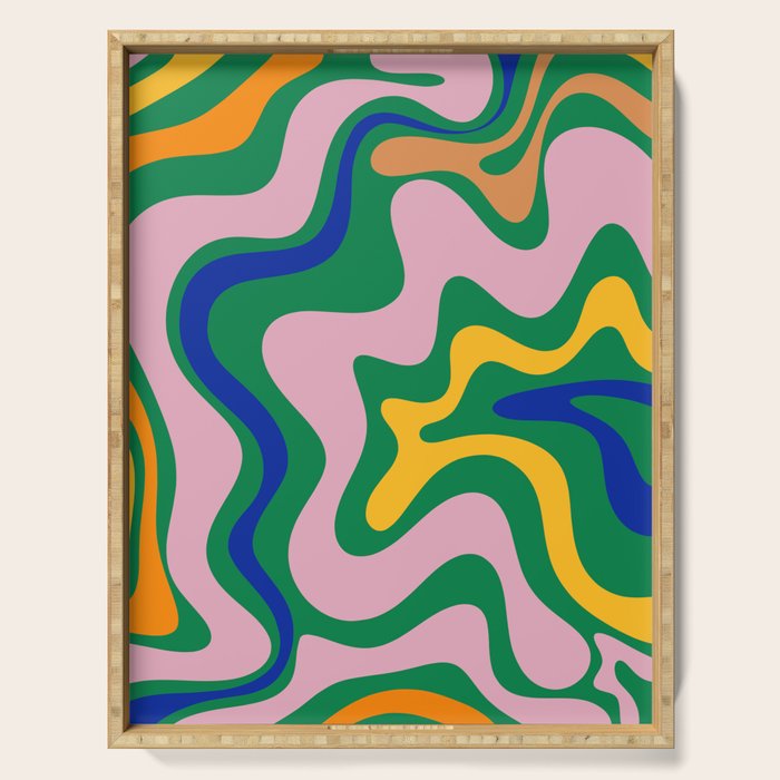 Vibrant Vivid Retro Liquid Swirl Abstract Pattern Green Pink Yellow Blue Serving Tray Gallery Image 1