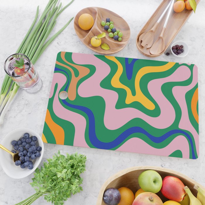Vibrant Vivid Retro Liquid Swirl Abstract Pattern Green Pink Yellow Blue Cutting Board Gallery Image 2