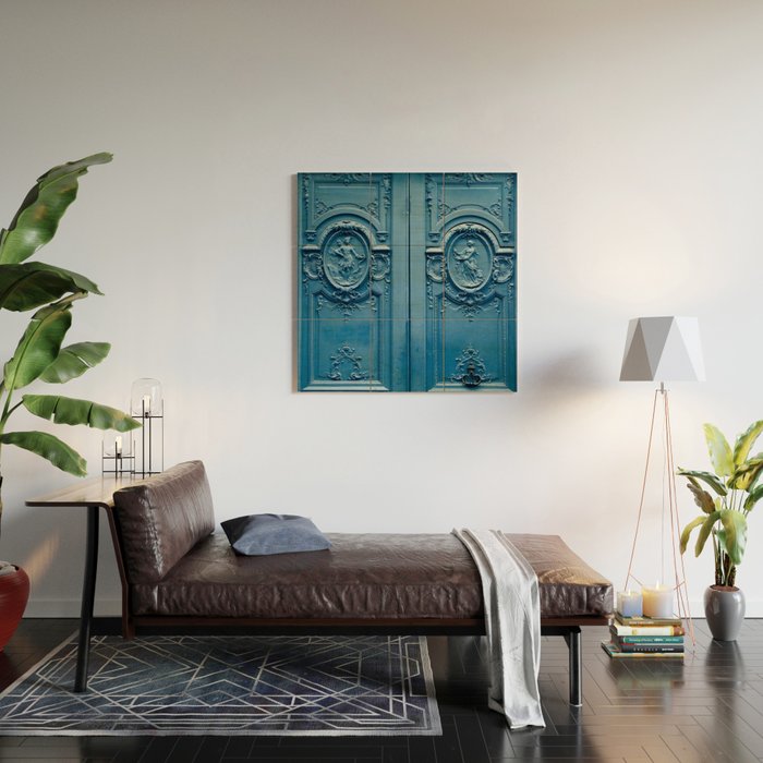 Classic Blue Door in Paris, Architecture Photography Wood Wall Art Gallery Image 2