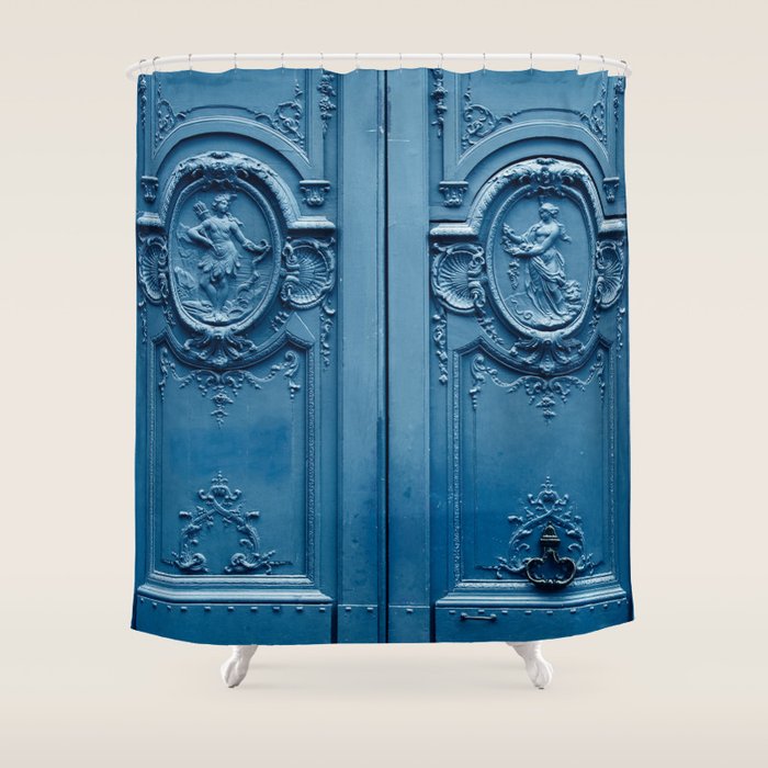 Classic Blue Door in Paris, Architecture Photography Shower Curtain Gallery Image 1