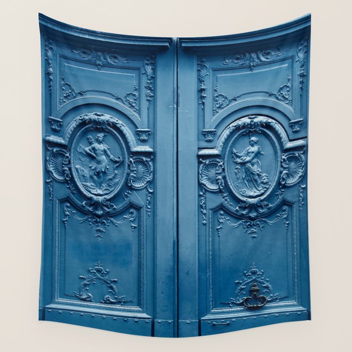 Classic Blue Door in Paris, Architecture Photography Wall Tapestry Gallery Image 1