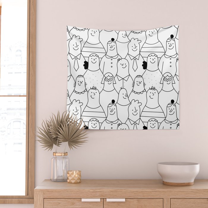 Funny diverse people crowd cartoon pattern Wall Tapestry Gallery Image 2