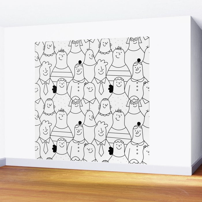 Funny diverse people crowd cartoon pattern Wall Mural Gallery Image 2