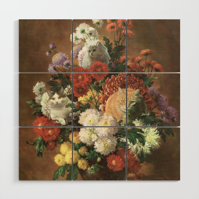 Flower Cats - Botanical cat arrangement Wood Wall Art Gallery Image 1