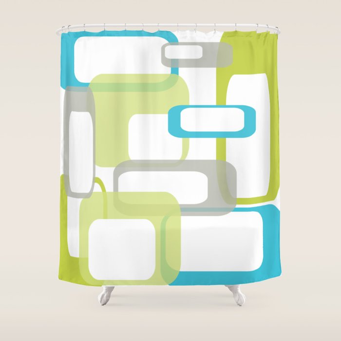 Mid-Century Modern Rectangle Design Blue Green and Gray Shower Curtain Gallery Image 1