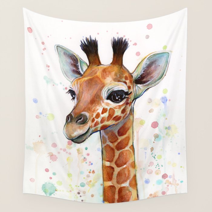 Giraffe Baby Watercolor Wall Tapestry Gallery Image 1