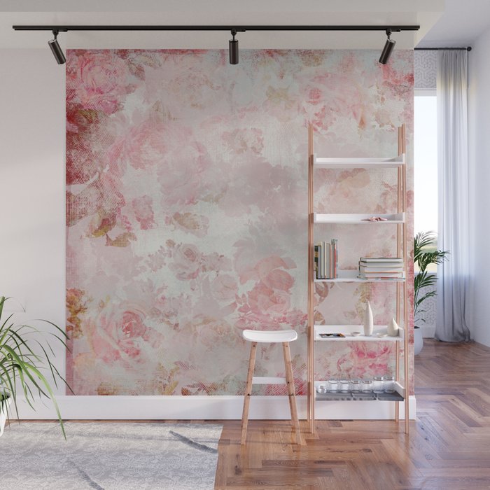 Vintage Floral Rose Roses painterly pattern in pink Wall Mural Gallery Image 1