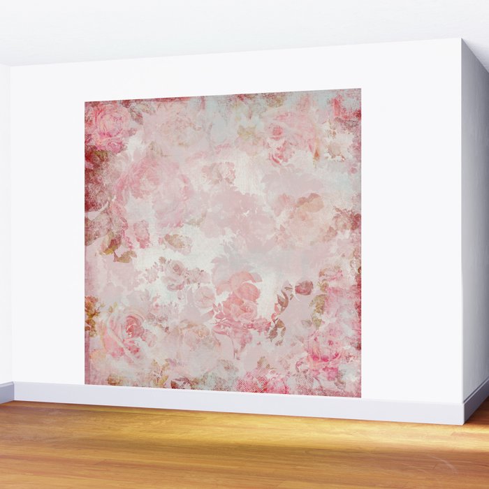 Vintage Floral Rose Roses painterly pattern in pink Wall Mural Gallery Image 2