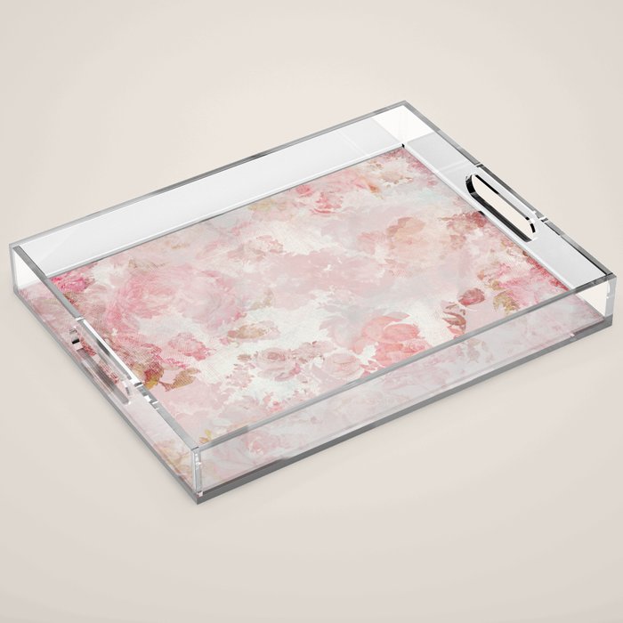 Vintage Floral Rose Roses painterly pattern in pink Acrylic Tray Gallery Image 1
