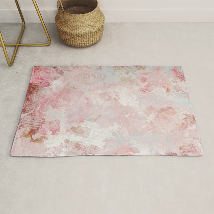 Vintage Floral Rose Roses painterly pattern in pink Rug Gallery Image 1