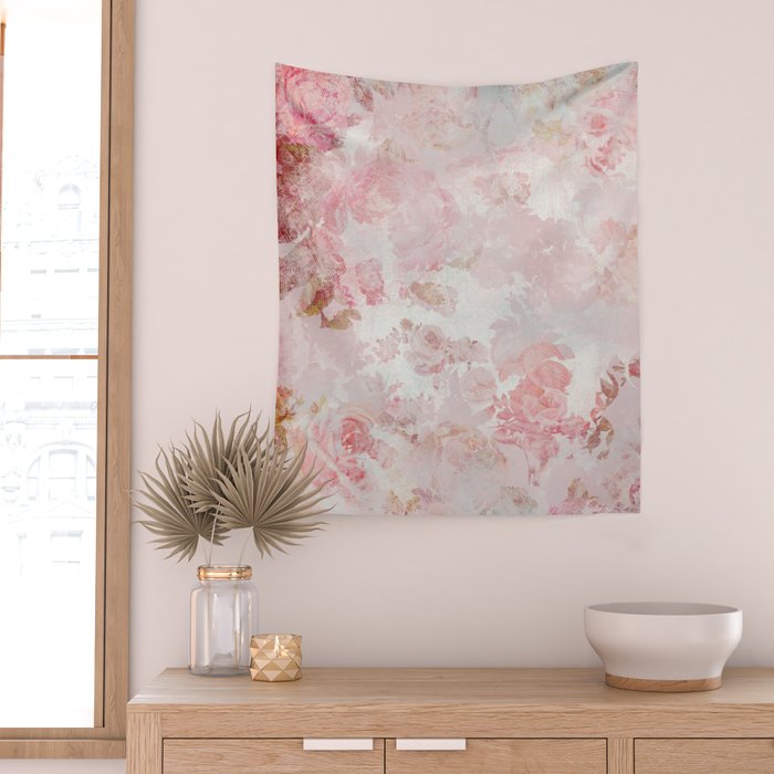 Vintage Floral Rose Roses painterly pattern in pink Wall Tapestry Gallery Image 2