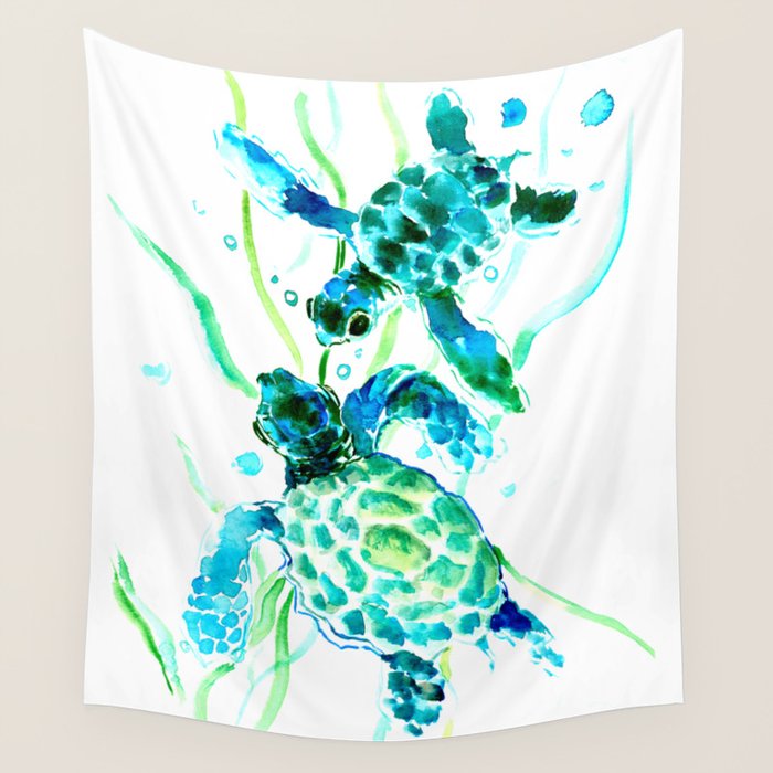 Sea Turtles, Turquoise blue Design Wall Tapestry Gallery Image 1