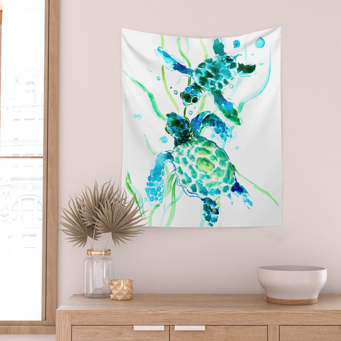 Sea Turtles, Turquoise blue Design Wall Tapestry Gallery Image 2