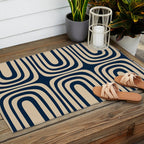 Midcentury Modern Confaab Abstract Pattern in Mid Mod Navy Blue and Beige Outdoor Rug Gallery Image 2