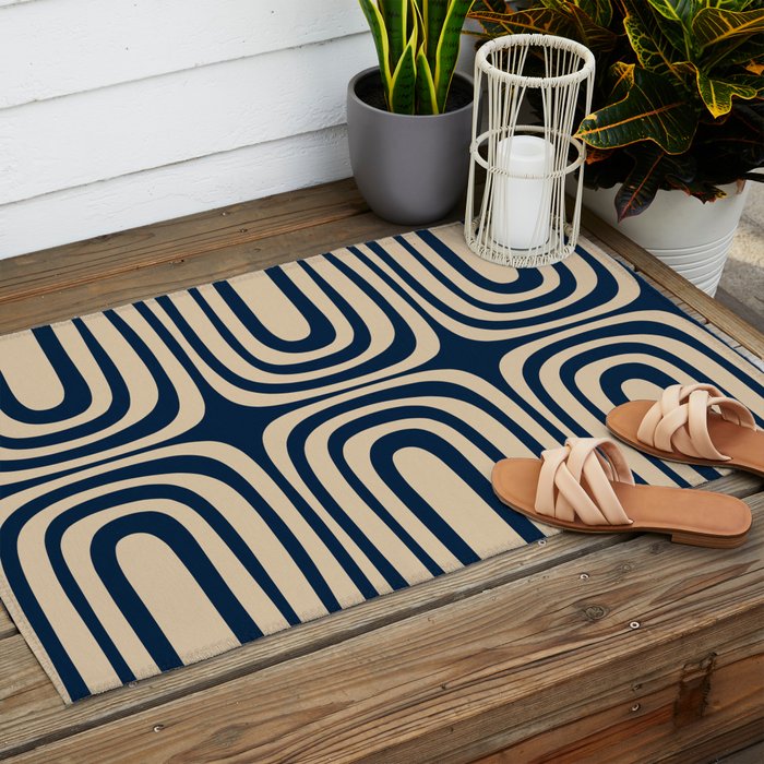 Midcentury Modern Confaab Abstract Pattern in Mid Mod Navy Blue and Beige Outdoor Rug Gallery Image 2