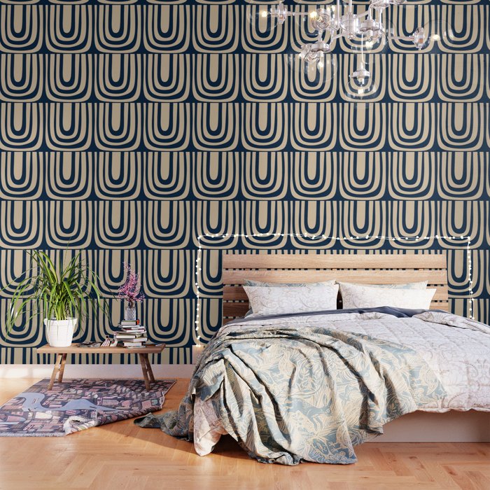 Midcentury Modern Confaab Abstract Pattern in Mid Mod Navy Blue and Beige Wallpaper Gallery Image 3