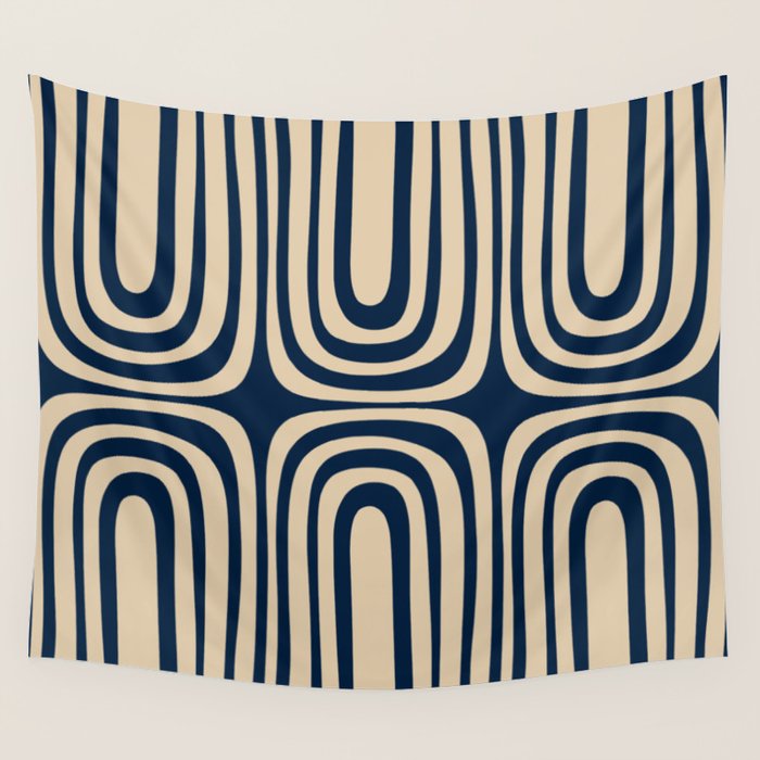Midcentury Modern Confaab Abstract Pattern in Mid Mod Navy Blue and Beige Wall Tapestry Gallery Image 4