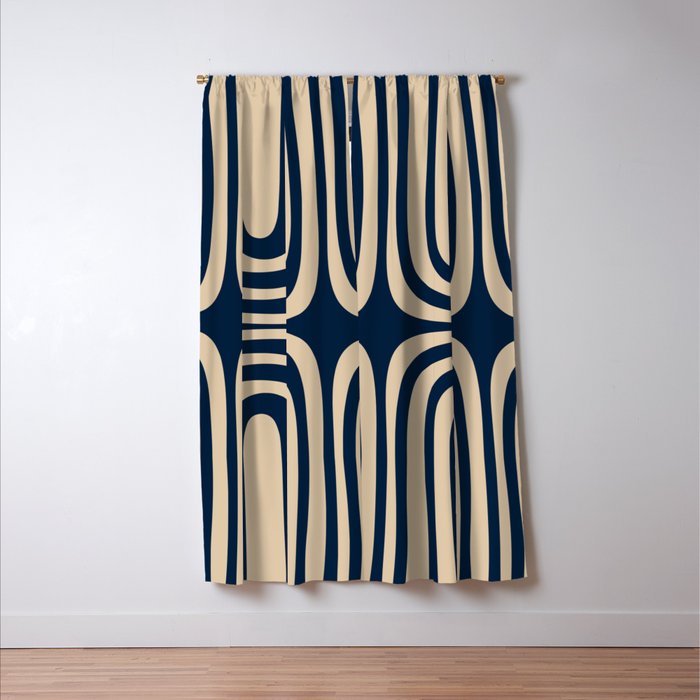 Midcentury Modern Confaab Abstract Pattern in Mid Mod Navy Blue and Beige Window Curtain Gallery Image 3